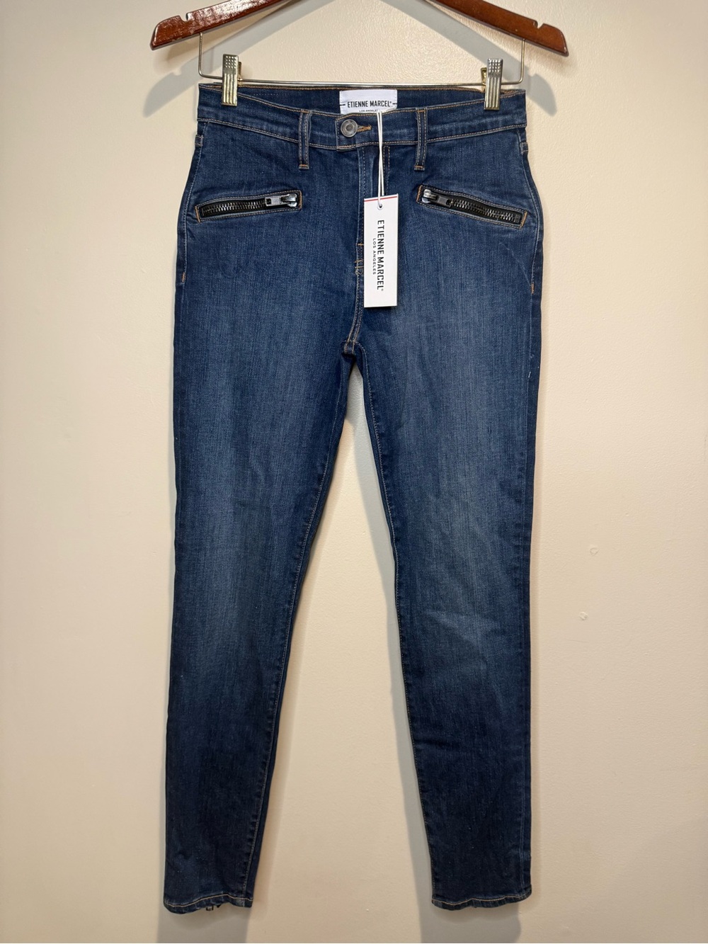 Etienne Marcel dark blue front zipper pocket skinny jeans NWT size 29